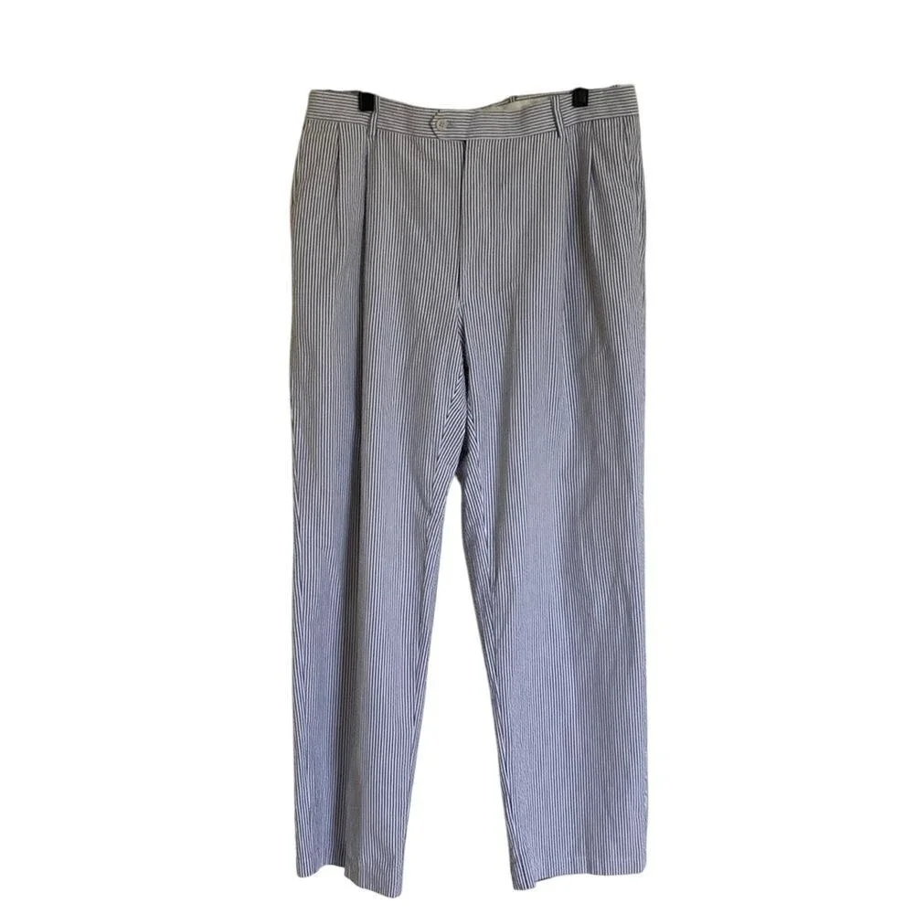 Joseph & Feiss Mens Seersucker Pleated Pants Blue White Stripe‎ Cotton 36 Waist
